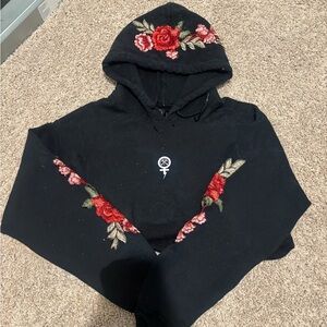 Black Hoodie with Red Rose Embroidery